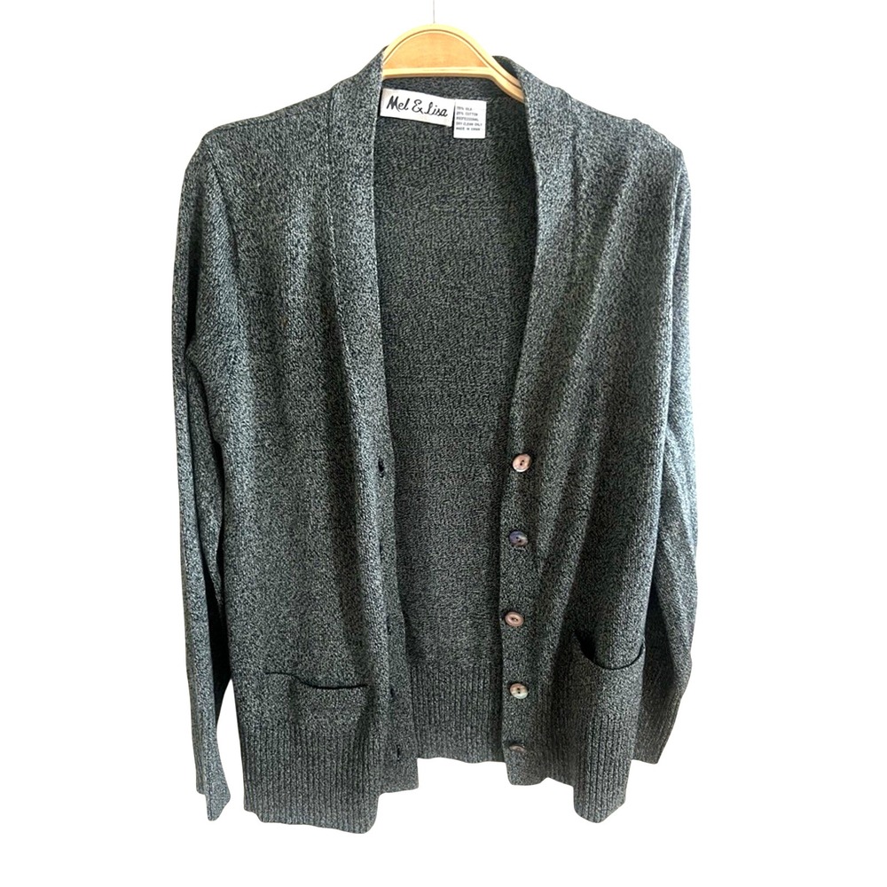 Mel & Lisa Silk Cotton Green Gray Cardigan Sweater S Pearl indie lagenlook